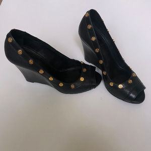 Tory Burch Black Studded Nelson Peep-Toe Wedge